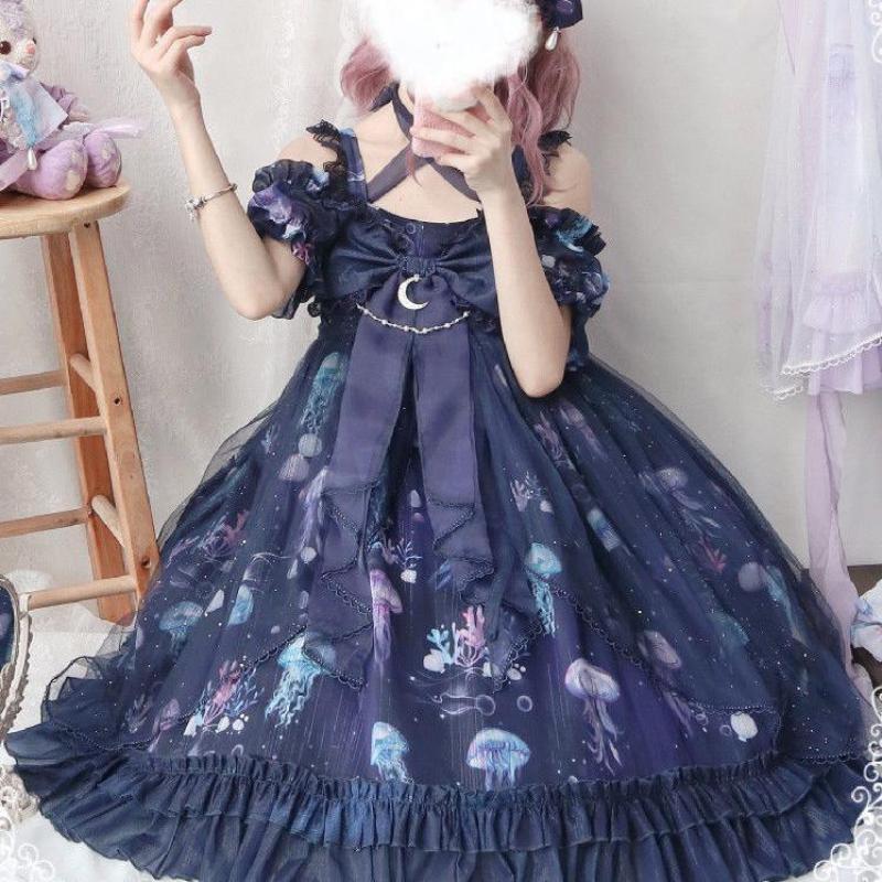 Soft Girl Cute Cartoon Cat Print Jsk Lolita Dress Japanese Sweet Lolita Dress Women Harajuku Chic Lace Tulle Bow Tea Party Dress