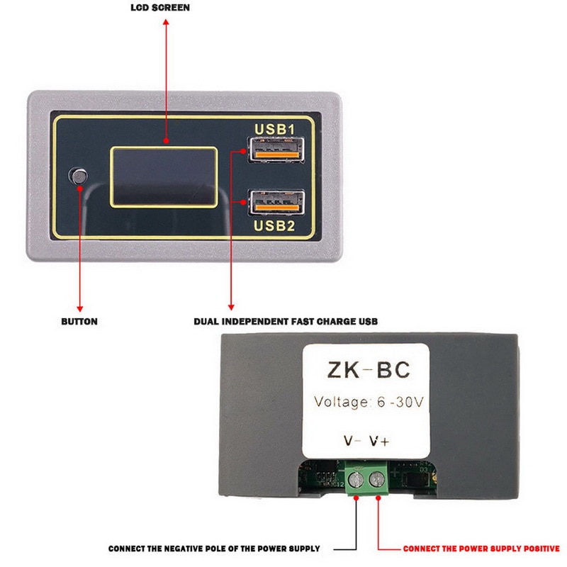 ZK-BC 4.5-32v 12v 24v Lead-acid lithium battery Voltmeter ammeter 18650 capacity tester battery monitor USB quick charger QC3.0