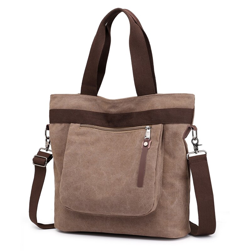 D&T One Shoulder Casual Bags Women Solid Canvas Waterproof School Student Light Zipper Pocket Inside Bags: brown