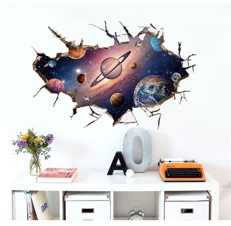 Astronauter børnehave stue soveværelse baggrund solsystem væg klistermærker til børneværelser ydre rum 3d effekt vægoverføringsbilleder: Hm1 sk 9066b