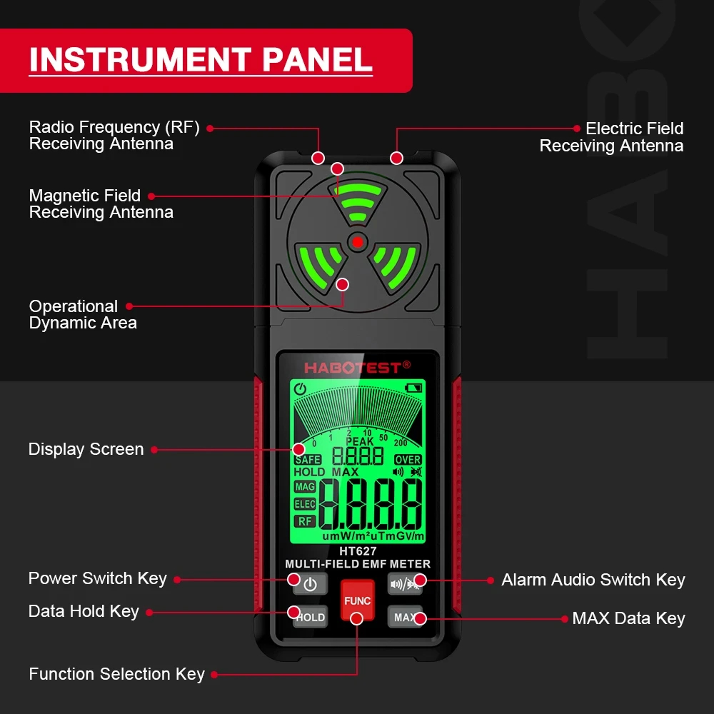 HT627 EMF Meter Electromagnetic Radiation Tester Electric Field Magnetic Field RF Radiation Radio Frequency Detector Warn Meter