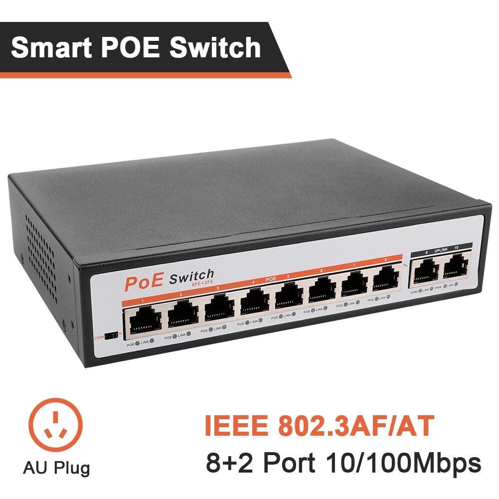 10 Ports 100Mbps PoE+ Switch 8 Ports PoE+(Plus) 802.3af/at 30W 2 Uplink Ethernet: US Plug