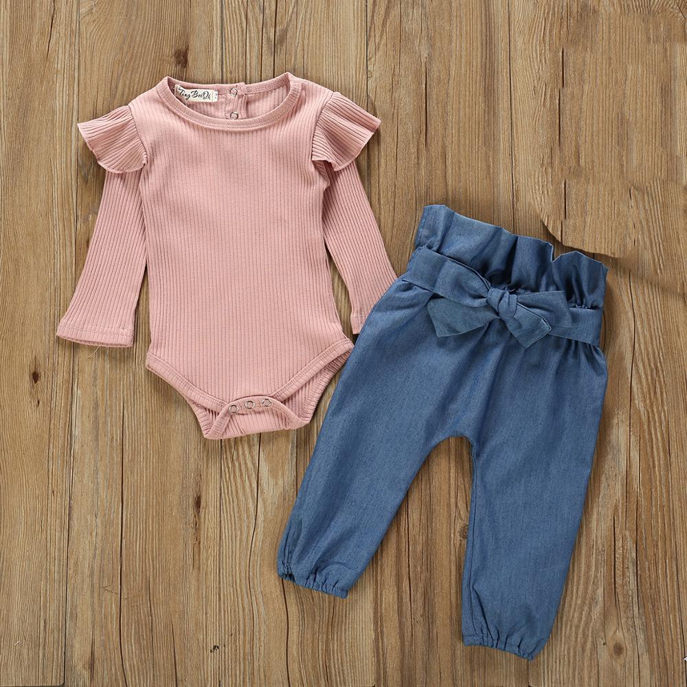 Kid Kinderen Baby Meisjes Kleding Herfst Lange Mouw Top Romper Bodysuit Denim Broek Casual Kleding Baby Girl Outfit set