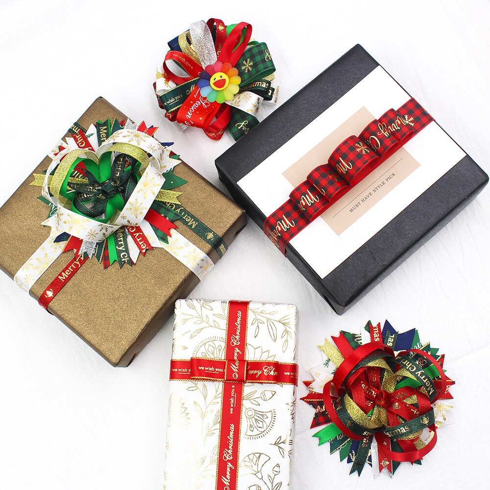 Kerst Lint 10 Yards Gedrukt Grosgrain Organza Satijnen Linten Metallic Glitter Stof Linten 20702