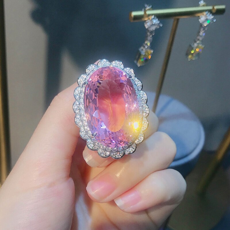 Anillos abiertos ovalados de lujo para mujer, incrustaciones de circonia cúbica rosa, Europa América, de boda, joyería de , delicada