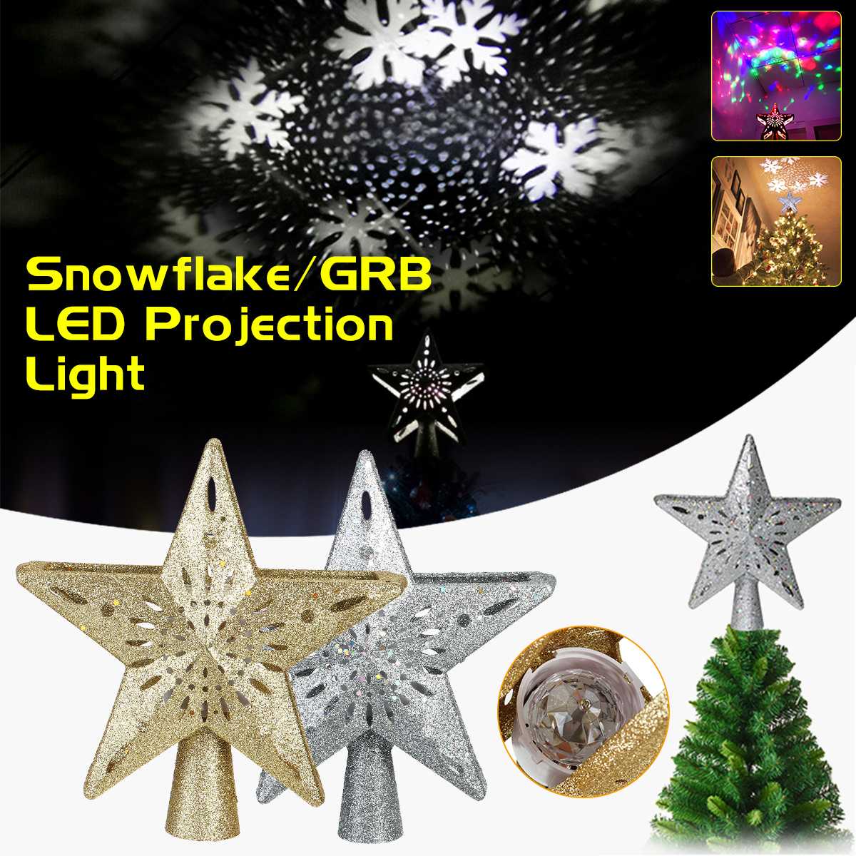 3D Glitter Star Lighted Christmas Tree Topper with Snowflake Projector Lighted Christmas Decorations for Tree EU Pulg