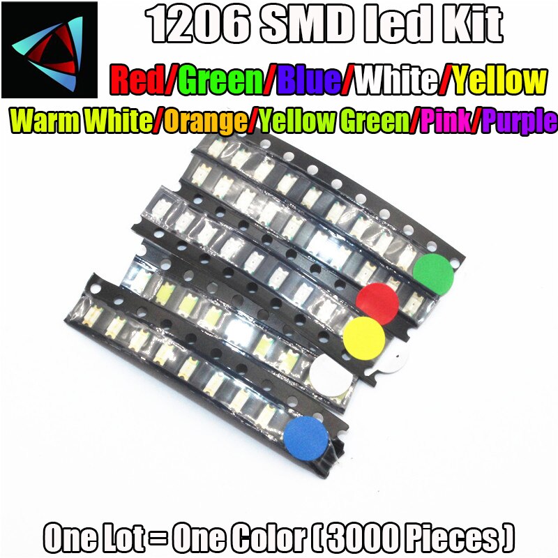 3000 pieces / lot 1206 SMD White Red ICE Blue Green Yellow Pink Orange Purple Warm White Cold RGB Super Bright 1206 LED Diodes