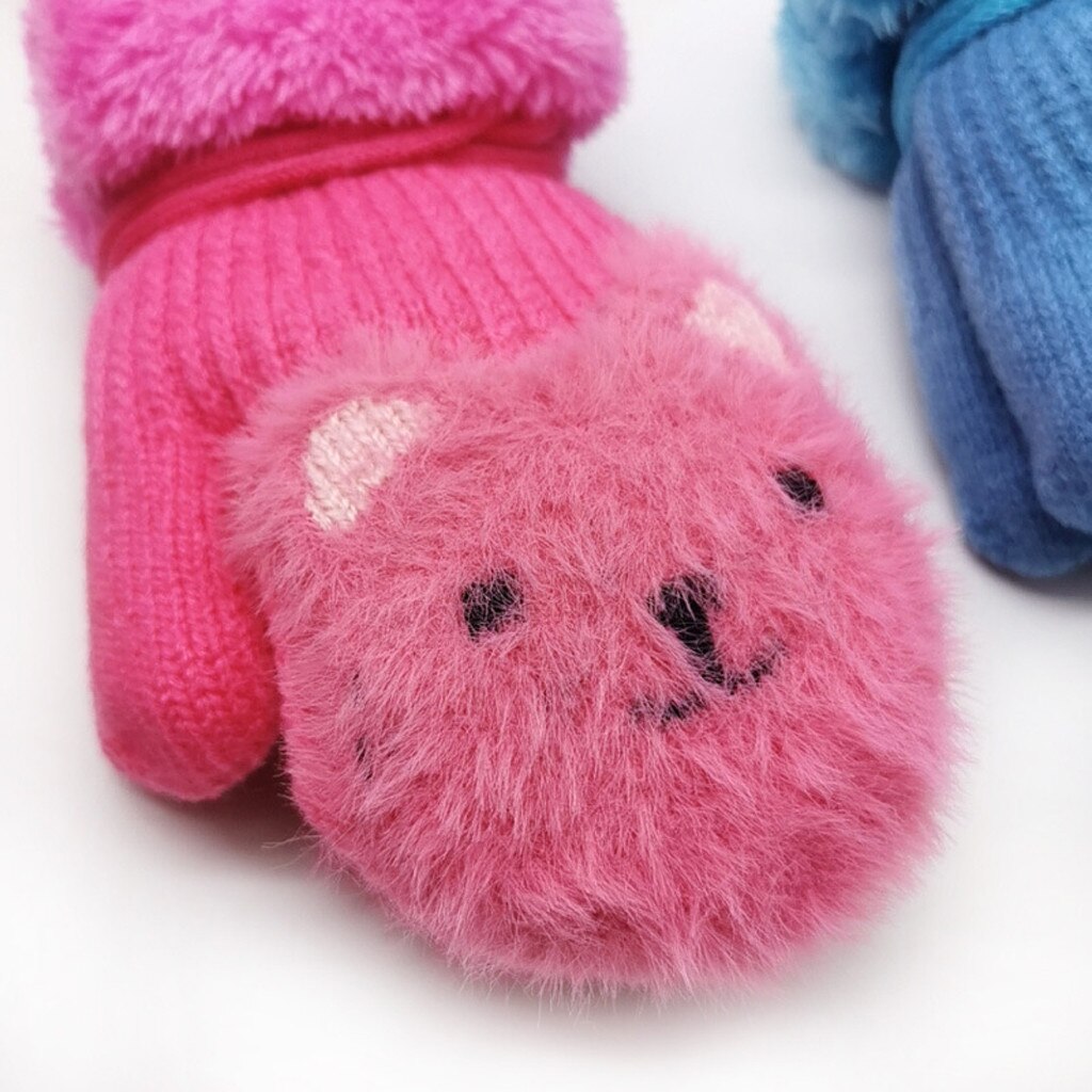 2-7Y Kinder Fäustlinge Kinder Gestrickte Wolle Plus Samt Handschuhe Cartoon Bier Baby Jungen Mädchen Volle Finger Warme Handschuhe Halten mit seil