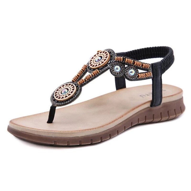 Tongs plates en strass pour femmes, sandales d'été, style bohémien, chaussures confortables à la: Black / 6