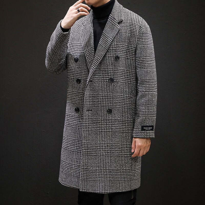 YASUGUOJI Casual Zweireiher Herren Wolle Mantel Winter Hahnentritt Jacke Männer drehen-unten Kragen Lange Woll Wind Mantel