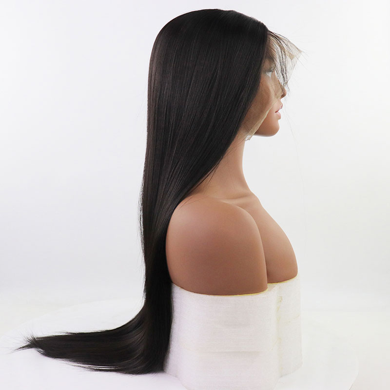 Bombshell pelo sintético marrón oscuro peluca frontal recta resistente al calor pelo de fibra Natural línea de cabello media de separación para mujer