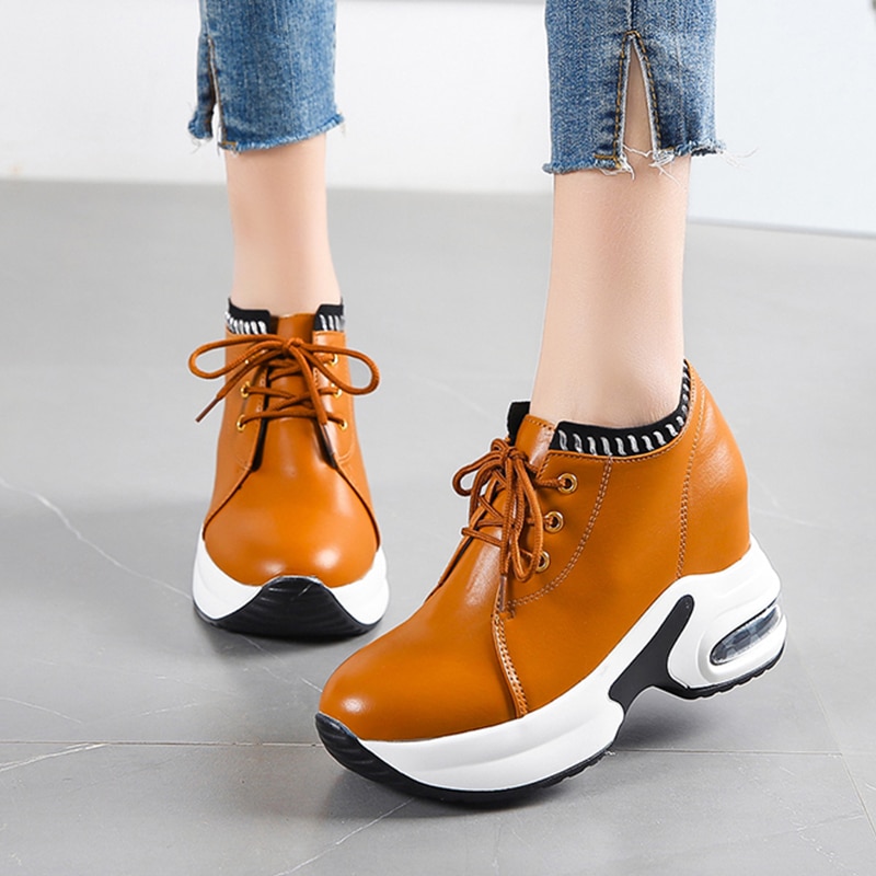 Spring Increase Height Wedge Sneakers Simple Lace Up High Platform Sneakers Beige Brown Casual PU Leather Shoes Outdoor