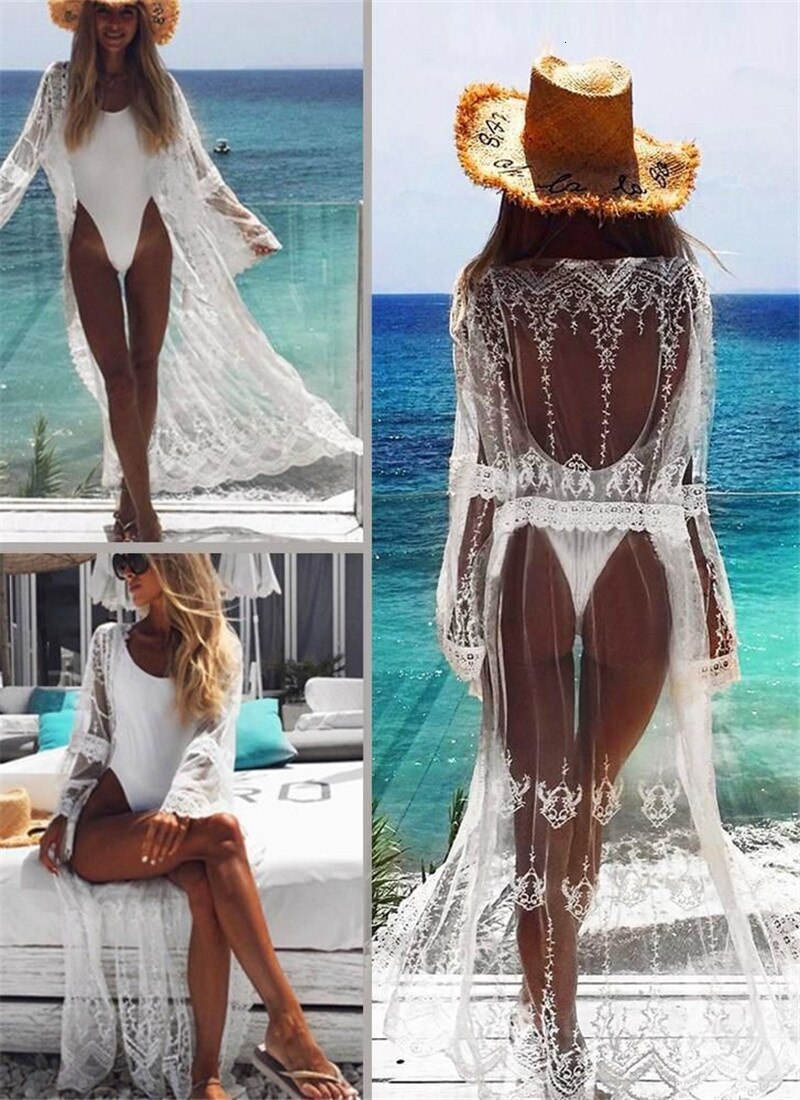 Vestido largo playero para mujer, Túnica playera de encaje con Pareo de mujer, túnica blanca de retazos para playa