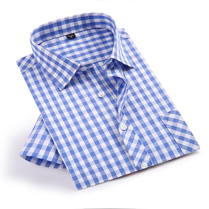 Summer Short Sleeve blue Plaid Shirts Men Casual Shirts square collar loose fit Shirts with front pocket 100% cotton