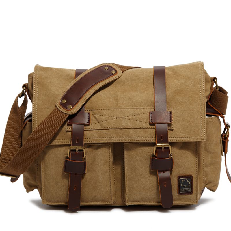 Mannen Casual Canvas Messenger Schouder Lederen Zakelijke Computer Grote Capaciteit Reizen Schooltas Handtas: Khaki