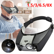 Lupa de microscopio con luz LED, lente de aumento de 1,5x 3X 6,5x 8X para casco, diadema de cristal, gafas de aumento para costura DIY o uso de reparación