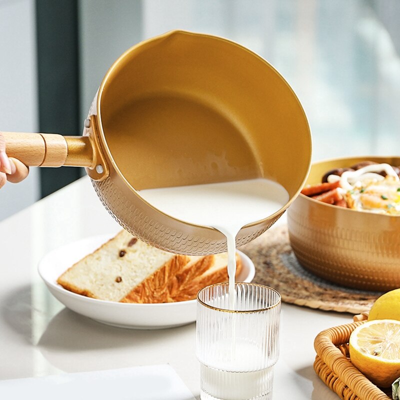 Golden Non Stick Koekenpan Ontbijt Ei Pan Melk Soeppan Houten Handvat Pot Keukengerei