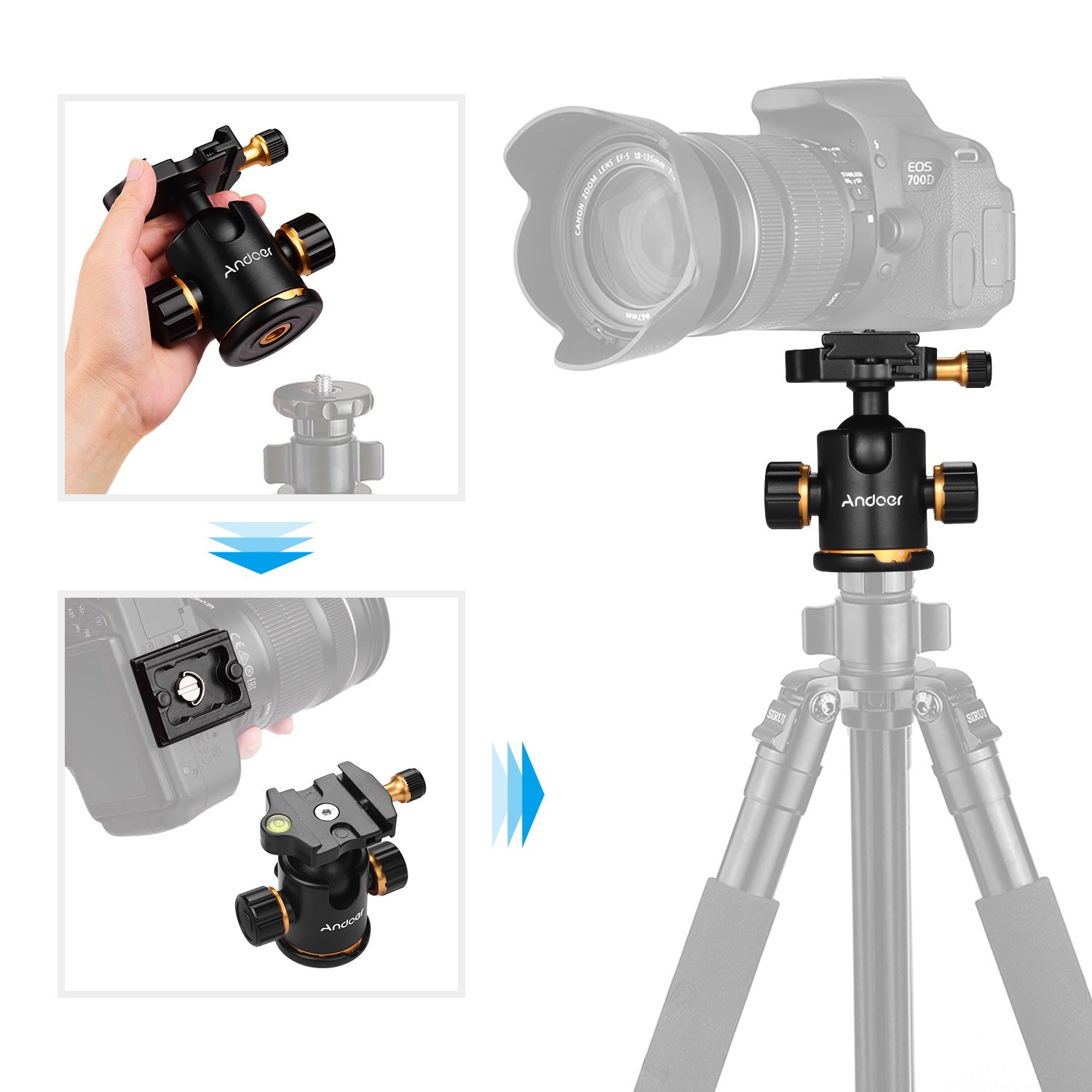 Andoer Aluminium Alloy Tripod Ball Head Mount Adapter 360° Rotating with Quick Release Plate 3kg/6.6lbs Load Capacity Ballhead