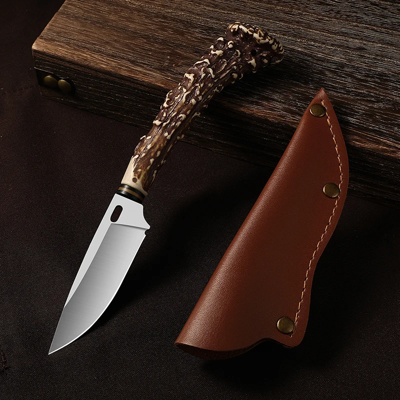 Cuchillo para cortar carne de acero damasco, cuchillo de cocina multifuncional de estilo primitivo, cuchillo afilado para deshuesar para carne, fruta y más: Rojo