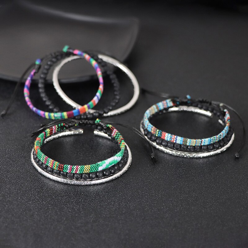 3pcs/Set Colorful Rope Wrap Braid Bracelets Set Lava Stone Bracelets Handmade Wristband Bracelets For Men Jewelry Friendship