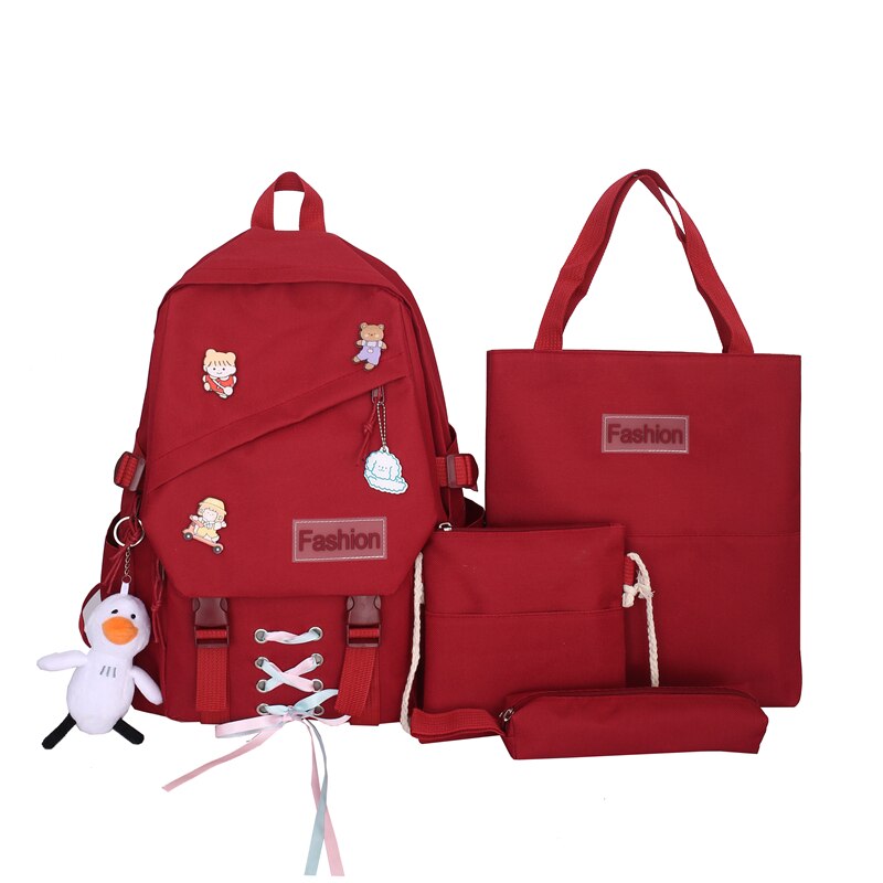 4-Delige Set Meisje Rugzak Voor School Tassen Tiener Leuke Lint Mode Middelbare School Student Rugzak Vrouwen nylon Groen: Rood / No pendant