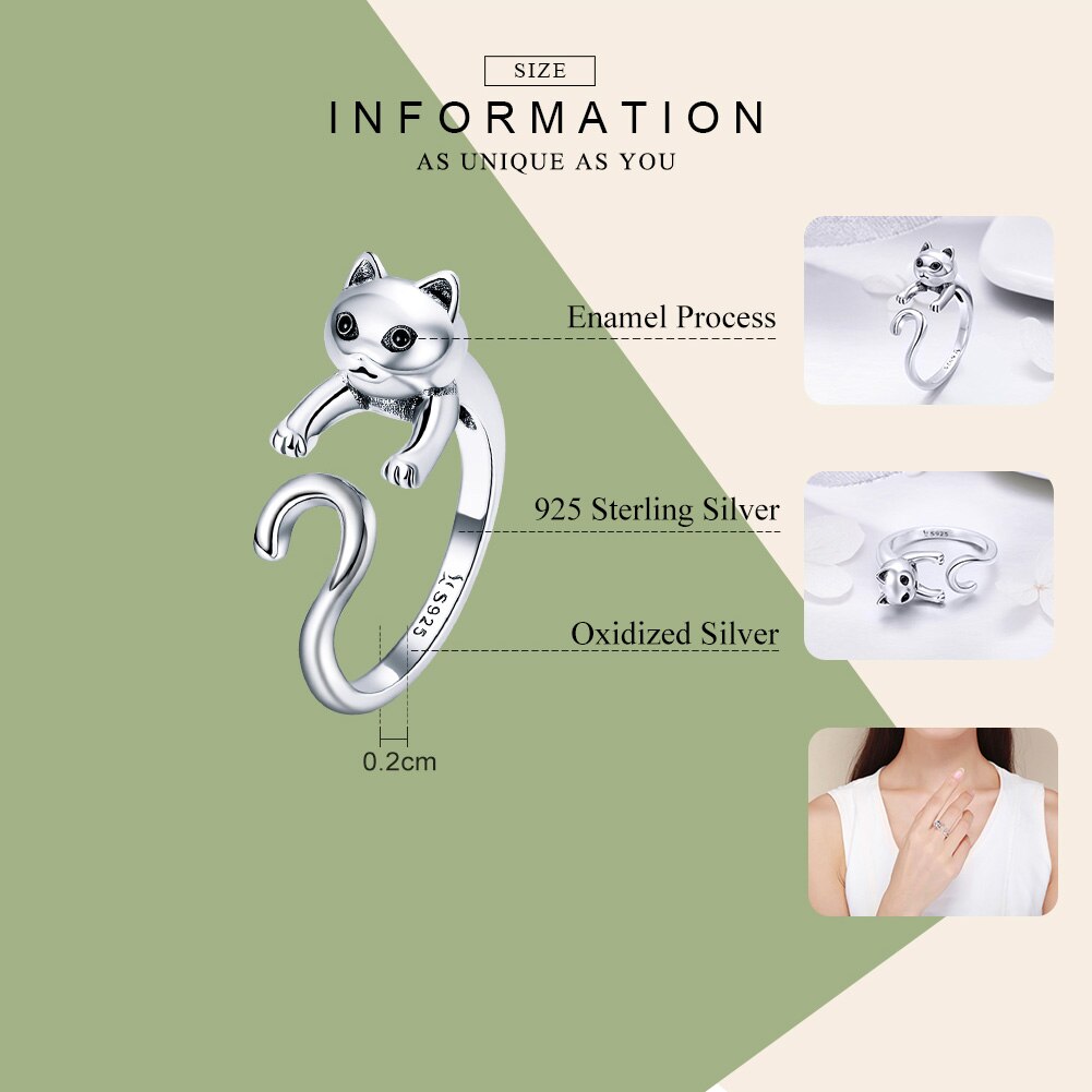 BAMOER Echtem 925 Sterling Silber Lange Schwanz Frech Katze Finger Ringe für Frauen Einstellbare Größe Sterling Silber Schmuck SCR409