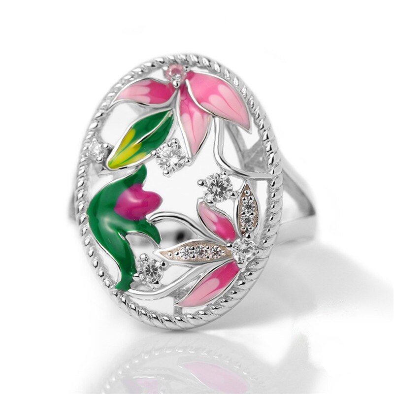 Vrouwen Prachtige Handgemaakte Emaille Lotus Blossom Bloem Blad Ringen Shiny Zirconia Hollow Out Unieke Vintage Ringen Voor Vrouwelijke