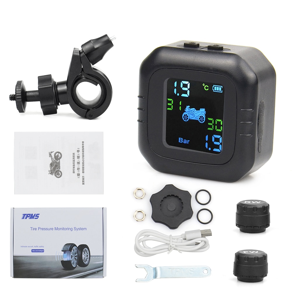 Wireless LCD Motorcycle Tire Pressure Monitoring System TPMS 2External Sensor Realtime Monitor Abnormal Alarm Moto Tyre Tool PSI