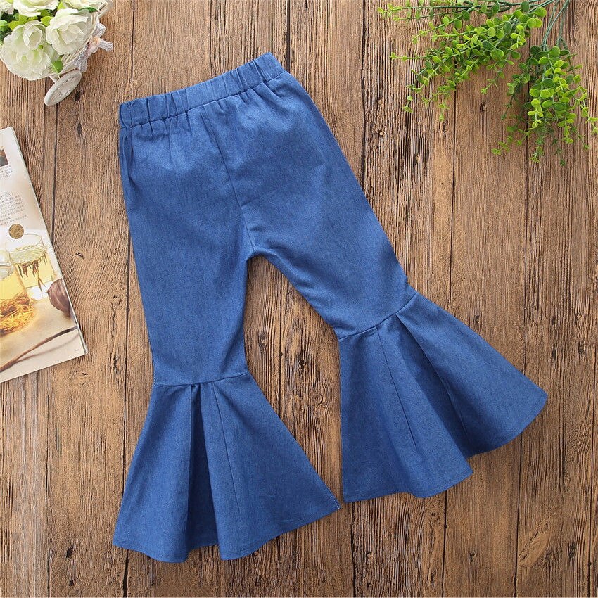 Småbarn barn baby flicka jeans hög midja utsvängda vida ben byxor bell bottoms byxor blå
