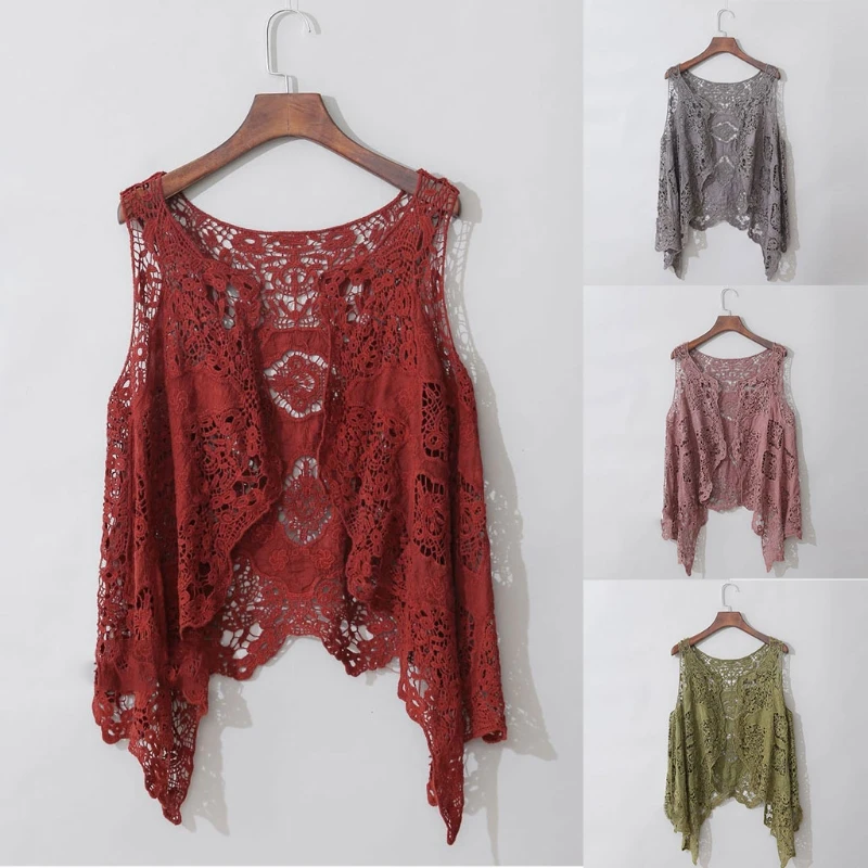 Mulheres sem mangas frente aberta cardigan boho oco crochê renda drape assimétrico bainha hippie xale colete de cor sólida