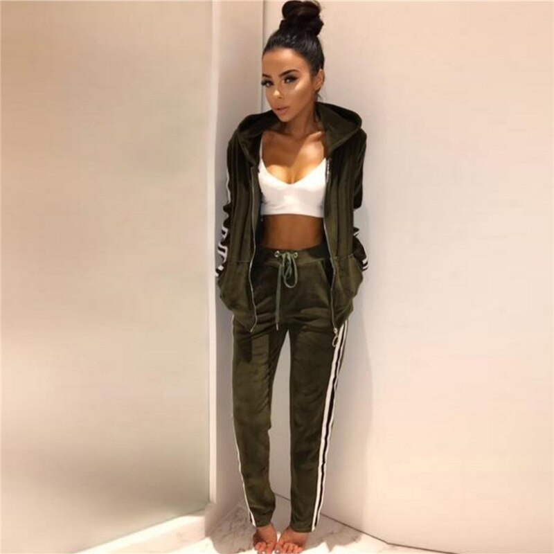 Hooded Gestreepte Zachte Pak Set Vrouwen Trainingspak Tweedelige Sport Stijl Outfit Jogging Sweater Fitness Lounge Sportwear: Army Green / XL