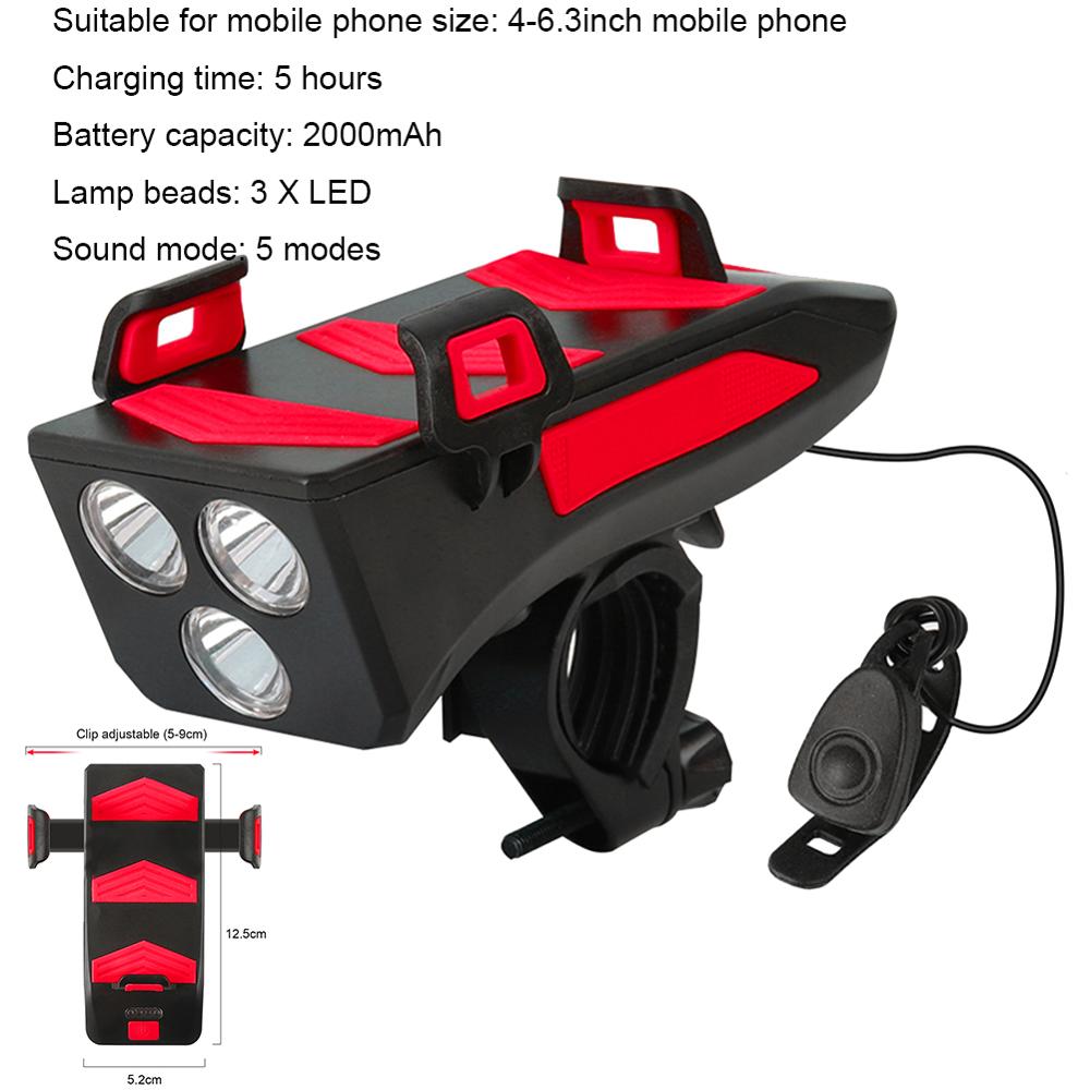 Multifunctionele 4 In 1 Fiets Licht 400 Lumen Fiets Zaklamp Fiets Hoorn Telefoon Houder Power Bank Fiets Front Light: Red 2000mAh