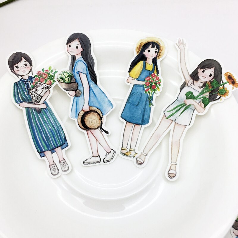 28pcs Hand Drawing Watercolor cute girls Planner journaling stickers scrapbooking DIY Dry Glue Sticker kawaii stationery