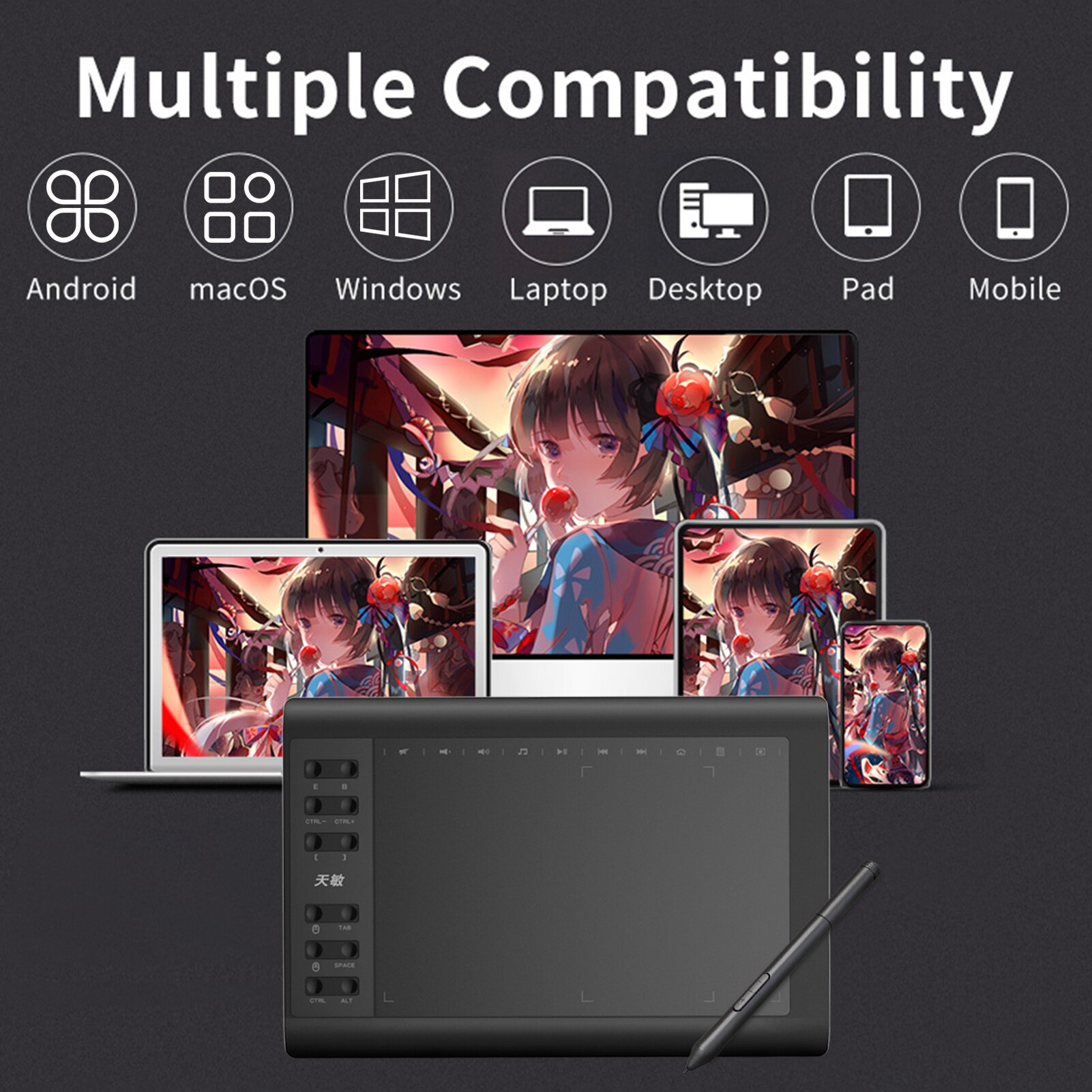 10moons G10 Digital Art Graphics Drawing Tablet 10x6 Inches with Battery-free Stylus Compatible with Windows Android OTG