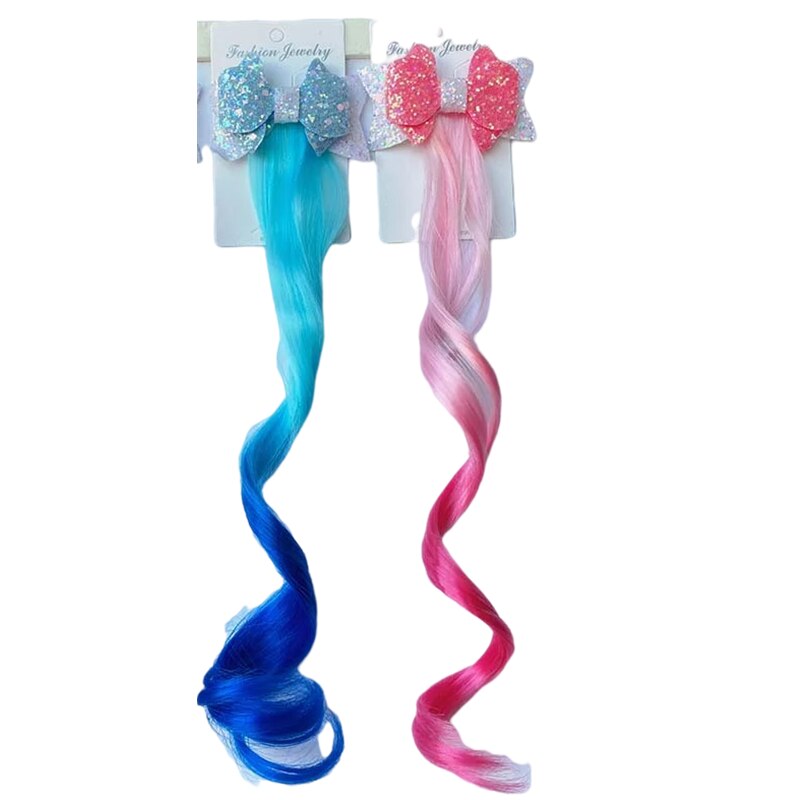 1-2 pz ragazze parrucche colorate coda di cavallo ornamento per capelli principessa fiocchi fasce elastici copricapo treccia regalo per bambini accessori per capelli