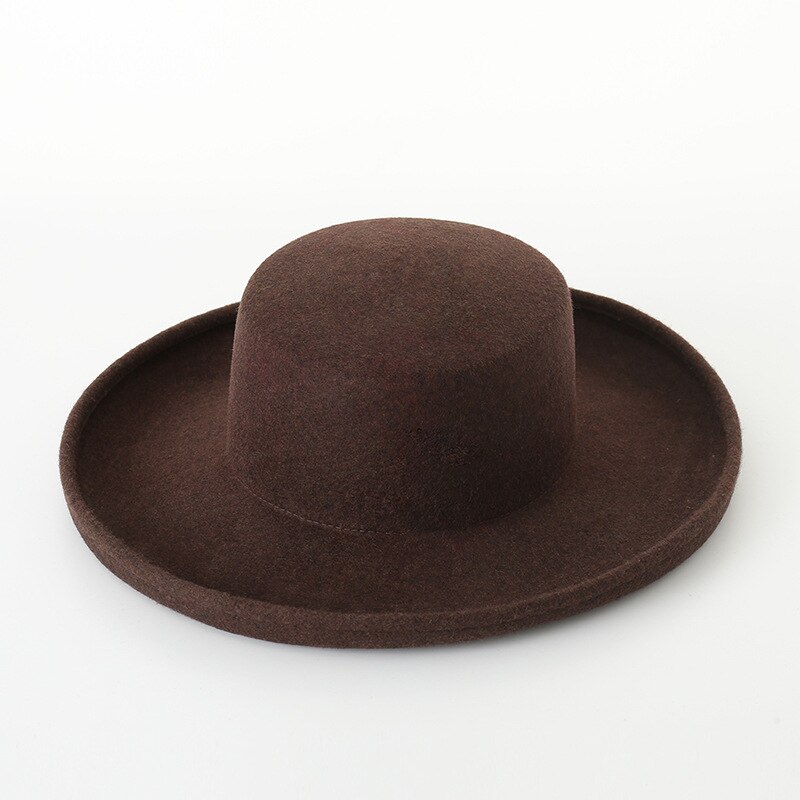 Caluriri Women Wool Boater Flat Top Hat Men Autumn Stage Catwalk Hat Retro Wool Hat Curled Wide Brim Flat Top Hat Top: 3