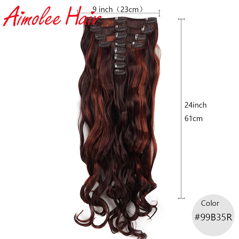 Extensiones de cabello de 24 pulgadas, 8 unidades por juego, pelo sintético largo ondulado Natural de cobre rojo Auburn, 16 clips de fibra de alta temperatura