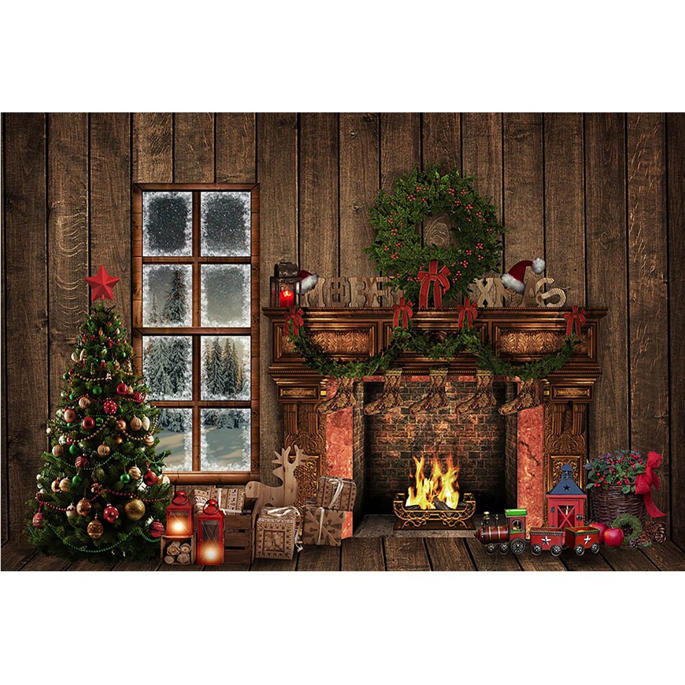 Cheminée fenêtre photographie arrière-plan noël hiver Portrait Art toile de fond jouets chaussette couronne arbres de noël Photo Studio
