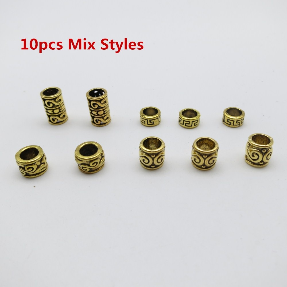 10 teile/paket Antike Gold Wikinger haar flechten furcht dreadlock Bart perlen ringe rohr für mädchen frauen männer Frisuren Zubehör: 10Stck  gemischt Stile
