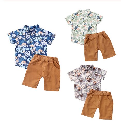 0-4Y Summer Infant Baby Boys Clothes Sets Floral Print Short Sleeve Single Breasted Shirts Tops+Shorts