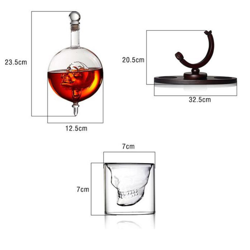 850ml Whiskey Decanter Wine Glass Set Skull Inside Crystal Whisky Carafe with Wood Stand Liquor Scotch Bourbon Vodka Decanter