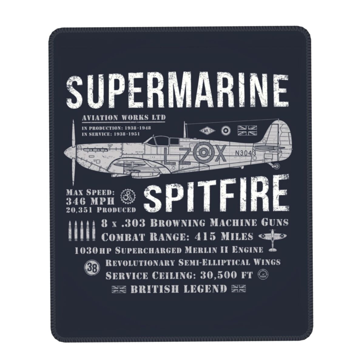 Alfombrilla de ratón para juegos Supermarine Spitfire, alfombrilla de goma antideslizante para ratón, piloto de combate, avión, decoración de oficina, alfombrilla para mesa de ordenador: M / Dark Brown