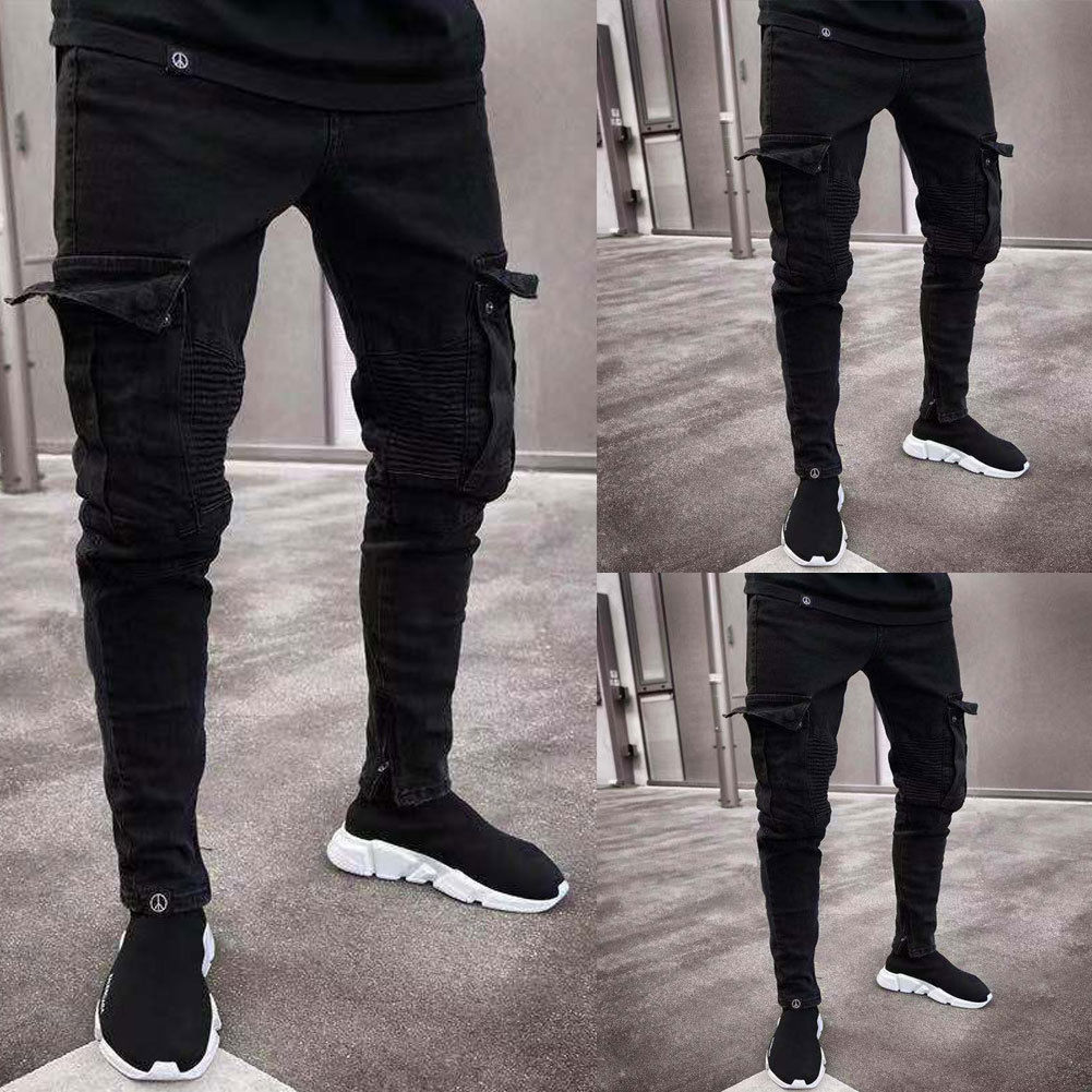 Black Jean Men Denim Skinny Biker Jeans Destroyed Frayed Slim Fit Pocket Cargo Pencil Pants Plus Size S-3XL