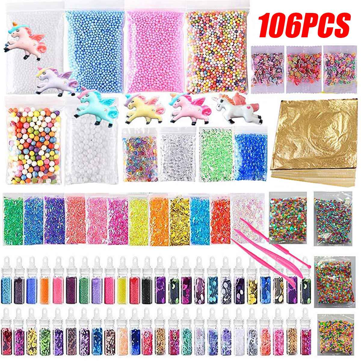 82/106PC Pack Making Kits Supplies For Slime Stuff Charm Fishbowl Beads Glitter Pearls DIY Handmade Color Foam Ball Material Set: 106pcs