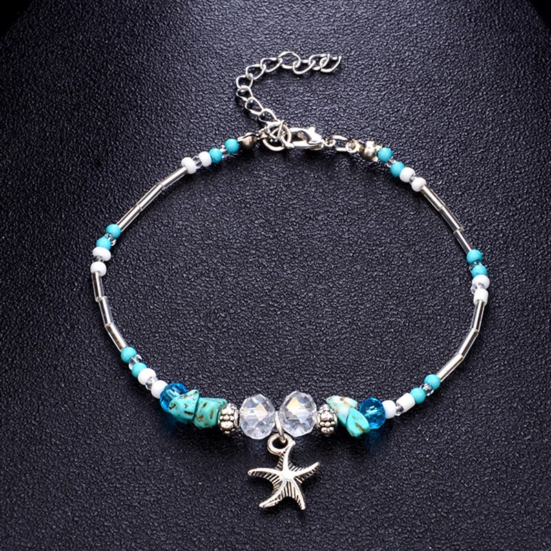 Women Bohemian Starfish Beads Stone Anklets On Leg Beach Ankle Jewelry Boho Silver Color Chain Bracelet