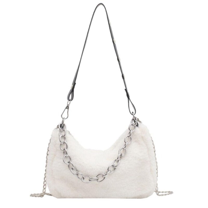 Herfst Winter Schouder Onderarm Tassen Voor Vrouwen Pluche Effen Kleur Messenger Bag Reizen Straat Keten Zakken: White