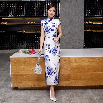 Sheng Coco azul y blanco vestido chino Qipao Cheongsam bata Orientale largo mujer moderna Banquete de seda Qipao vestido chino: M