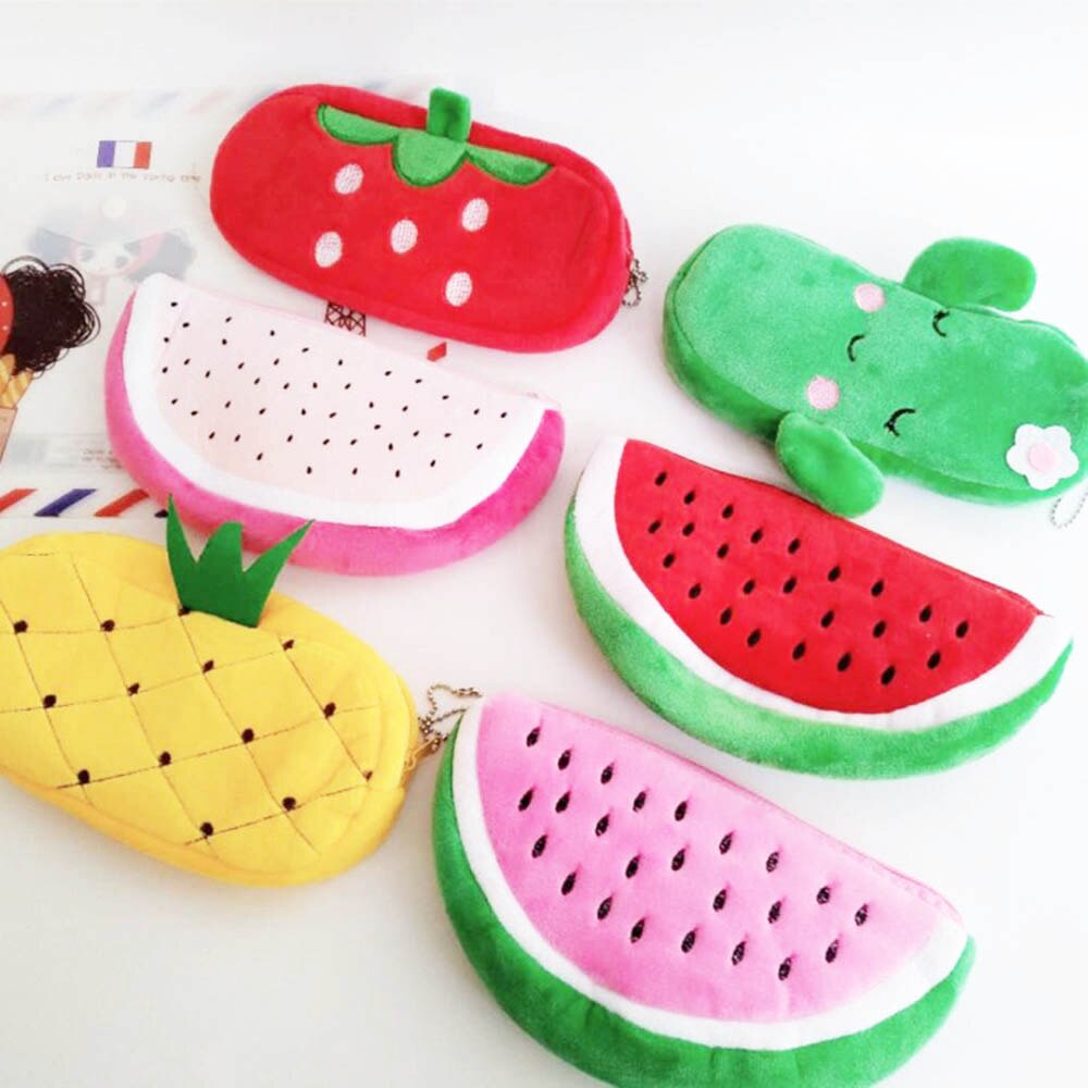 Cute Fruit Watermelon Cactus Plush Pencil Case Cosmetic Bag Pen Box for Girls Stationery Pouch School Office Supplies