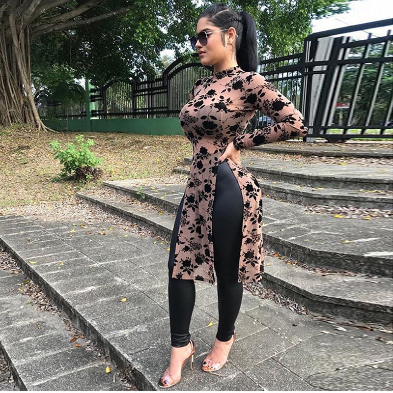 Forår kvinder mesh print lange toppe høj krave høj split casual skjorter lange ærmer dameskjorter roupas feminina