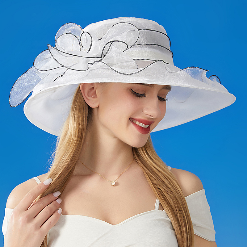 Chapéu de aba larga de organza vintage para mulheres novo vestido de igreja chapéu de casamento de noiva malha floral chapéu de sol festa praia bonés: Branco